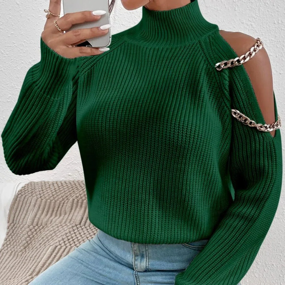 Green Casual Women's Mock Neck long Sleeve Chain Cut Out Sweater - Picture 5 of 6